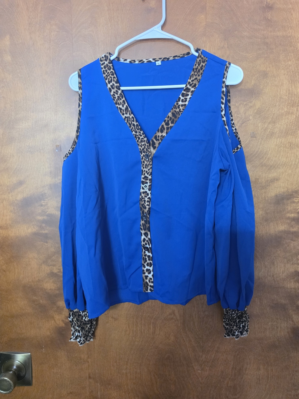 Blue Women's Cold-Shoulder Blouse with Leopard Trim NWOT